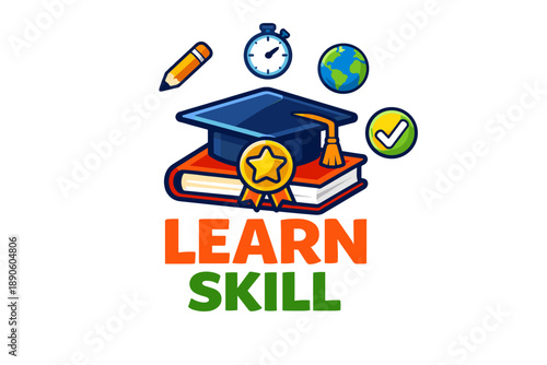 Education icons: graduation cap, books, pencil, stopwatch, globe, checkmark