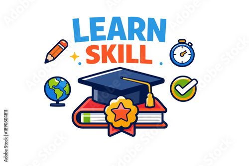 Educational concept illustration with graduation cap, book, and learning icons