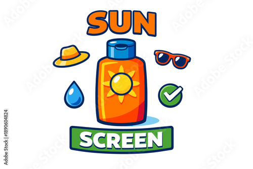 Colorful summer sunscreen concept with hat, glasses, sun, and water icon