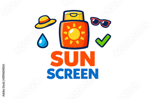 Colorful sunscreen illustration with sun hat, droplet, and sunglasses