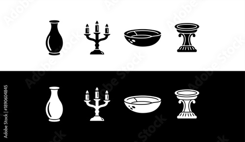Collection of black and white icons representing various objects
