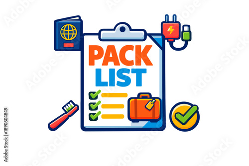 Travel pack list and essentials checklist with passport and gadgets