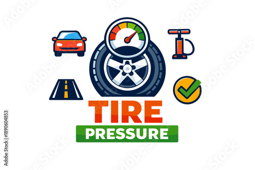 Tire pressure: gauge, road, car, pump, checkmark icons