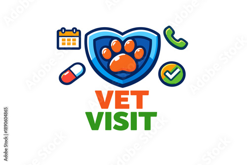 Colorful vet visit graphic with shield, paw, and icons