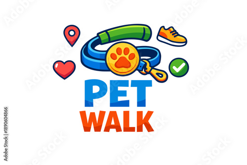 Colorful pet walk design with leash, shoe, heart, and location icons