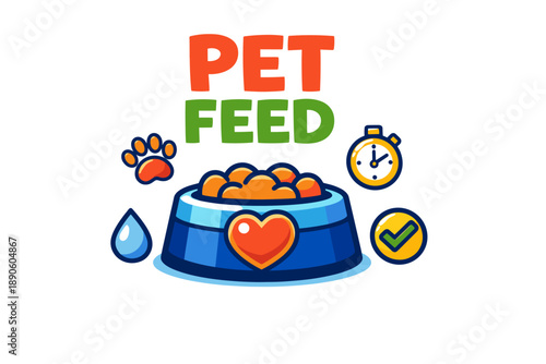 Colorful pet feed illustration with bowl and icons