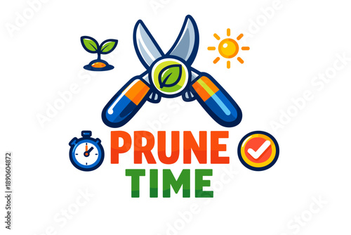 Colorful garden pruning with scissors, sun, new plant, timer, checkmark