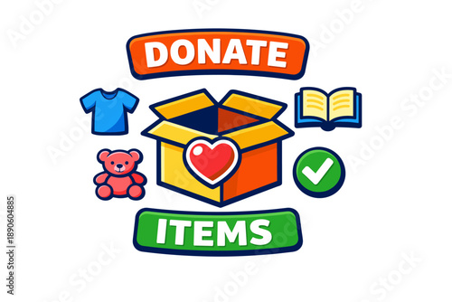 Donate items concept with box, teddy bear, shirt, book, and heart icon