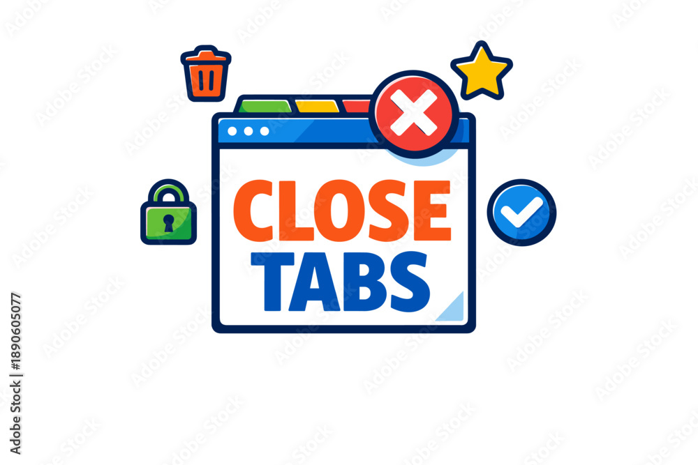 Fototapeta premium Tabs closed text with icons of trash, star, lock, and checkmark