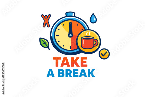 Colorful timer and coffee cup illustration encouraging a relaxing break