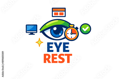 Eye rest logo: visual break concept with stopwatch and computer icons