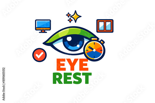Eye rest icon with timer, screen, and window for healthy vision