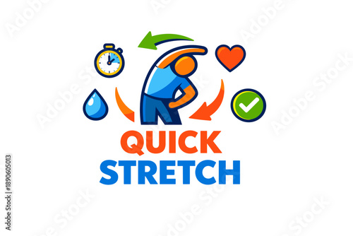 Quick stretch icon with timer, heart, and hydration elements