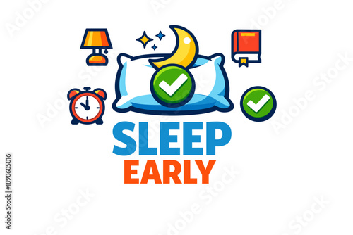 Sleep early: night routine symbols with moon, pillow, and alarms