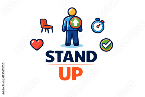 Motivation concept: stand up icon with chair, stopwatch, heart, checkmark