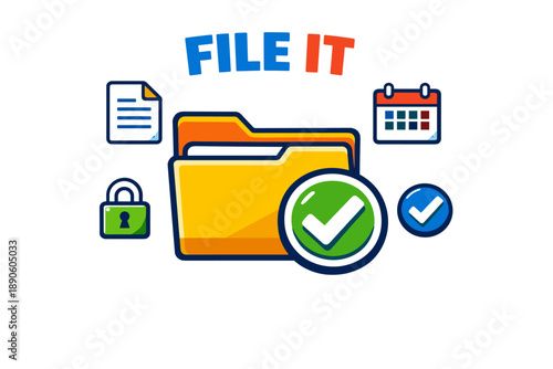 Organized file folder with check marks, calendar, document, and lock icons
