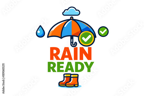 Colorful rain ready icon with umbrella, boots, and weather symbols