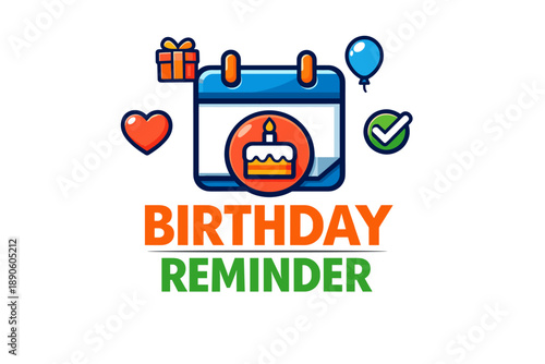 Birthday reminder icon with calendar, cake, and celebration symbols