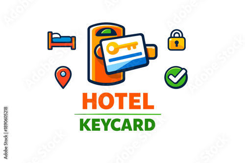 Hotel keycard symbols: bed, lock, location, checkmark icons for accommodation access