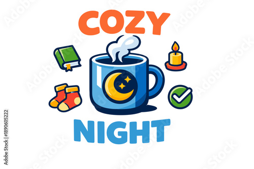Cozy night with hot beverage, candle, book, and socks illustration