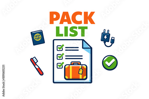 Travel packing checklist with passport, suitcase, toothbrush, and charger icons