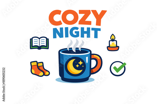 Cozy night: warm mug, candle, socks, book, relaxation checkmark