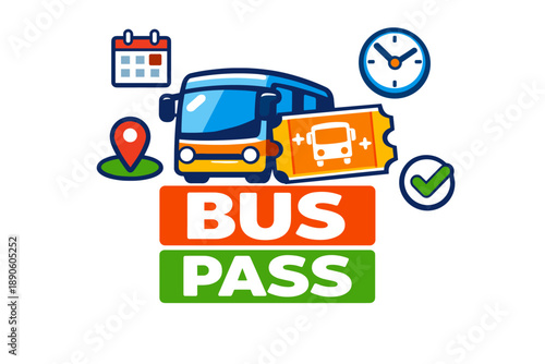 Cartoon bus pass concept with ticket, calendar, clock, and location icons