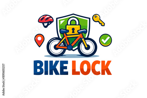 Colorful bike lock logo with shield, bicycle, helmet, and key