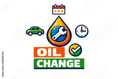 Oil change service icons with car, calendar, clock, and wrench