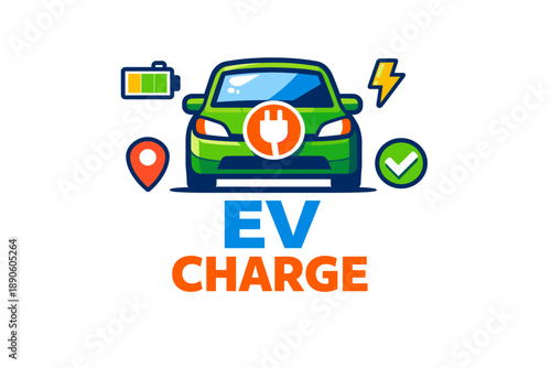 Electric vehicle charging concept with green car and charging symbols