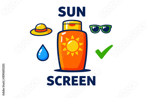 Sunscreen bottle with sun icon and summer accessories illustration