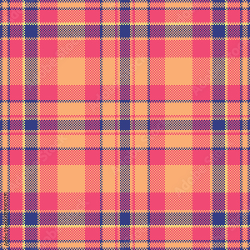 Vibrant coral and navy pixelated plaid pattern. This seamless geometric tartan background offers a modern digital twist on classic textile design, perfect for fashion and web projects.