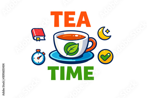 Tea time cup with leaf, book, clock, moon, and check mark icons