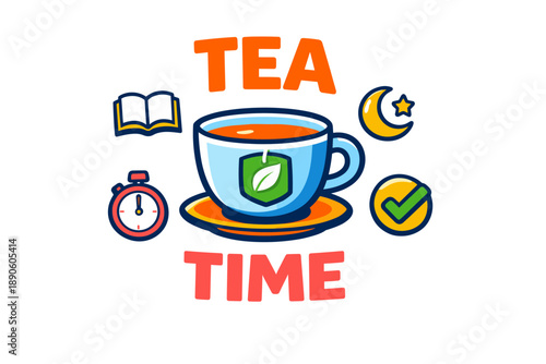 Cartoon tea time illustration with cup and icons of book, moon, clock, and checkmark