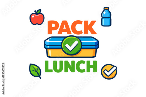 Colorful packed lunch illustration with food and drink icons