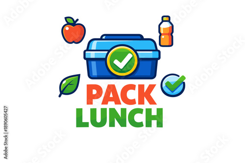 Pack lunch illustration with apple, leaf, bottle and check mark icons