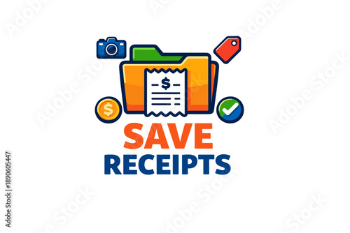 Save receipts icon with folder, camera, and financial symbols