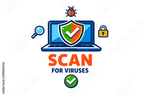 Laptop with antivirus shield: virus scan and security protection icon