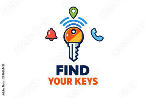 Colorful key locator with alert bell, signal waves, and phone icons
