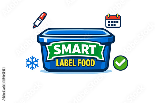 Smart label food container with expiration alert and freshness check icons