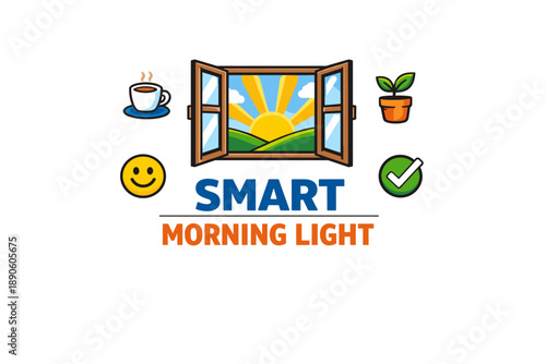 Smart morning light design with sun, coffee, and positive symbols