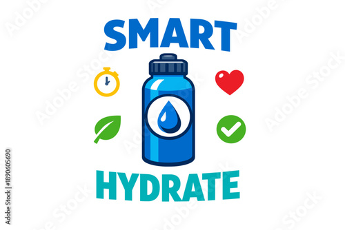 Smart hydrate logo with water bottle and health symbols in blue-green color scheme