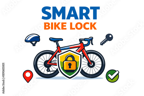 Smart bike lock design featuring red bicycle, helmet, and security icons