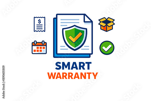 Smart warranty concept with document, shield, and icons