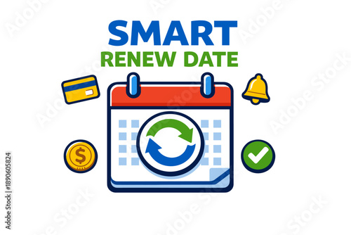 Smart renew date icon with calendar, card, coin, bell, checkmark