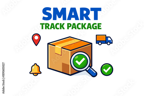 Smart package tracking with checkmark and delivery icons on white background