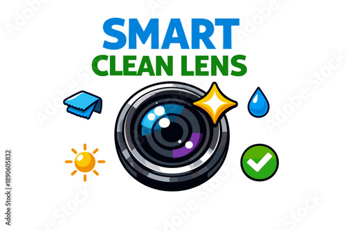 Smart clean lens icon with sun, water drop, and check mark symbols