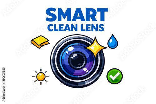 Smart clean lens icon with camera, cleaning cloth, water drop, sun, and checkmark