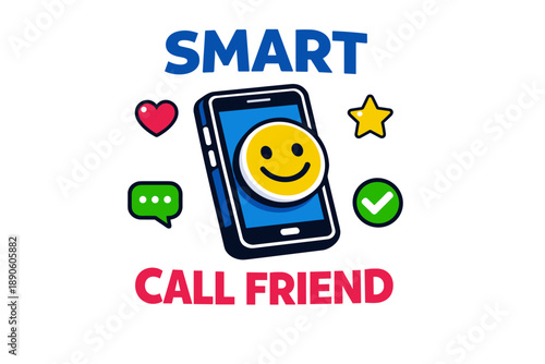 Smart call friend: colorful smartphone with emoji, chat, and social media icons