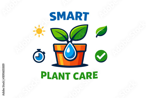 Smart plant care icon with leaf, timer, sun, and check mark symbols